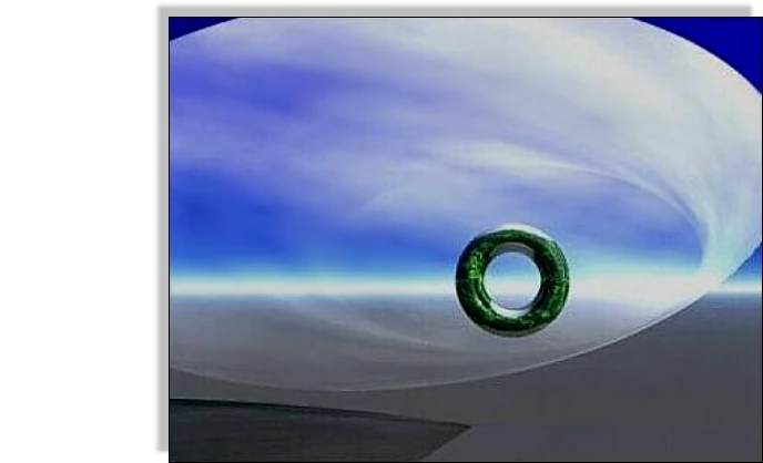 Grüner Ring zwischen grauen Ebenen und hellem Himmel.