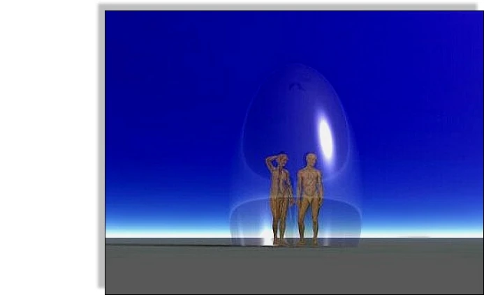 Zwei menschliche Figuren in einer durchsichtigen, gefäßartigen Hülle vor tiefem Blau.