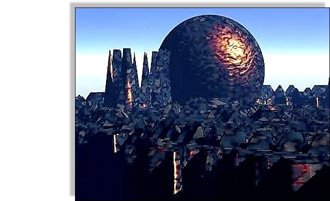Dunkle, glühende Kugel über einer zerklüfteten digitalen Landschaft.