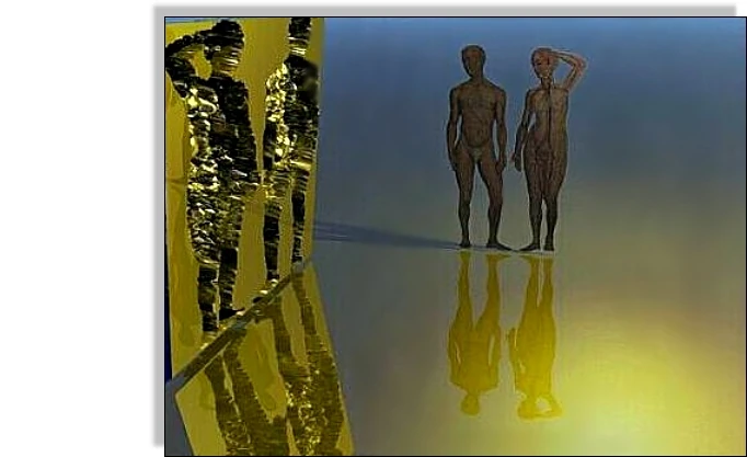 Goldene und dunkle Figuren mit Spiegelungen auf einer glatten Fläche.