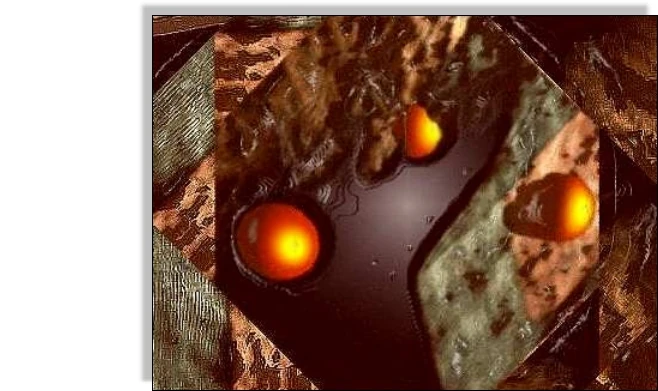Rostfarbene digitale Ebenen und orange leuchtende Kugeln.