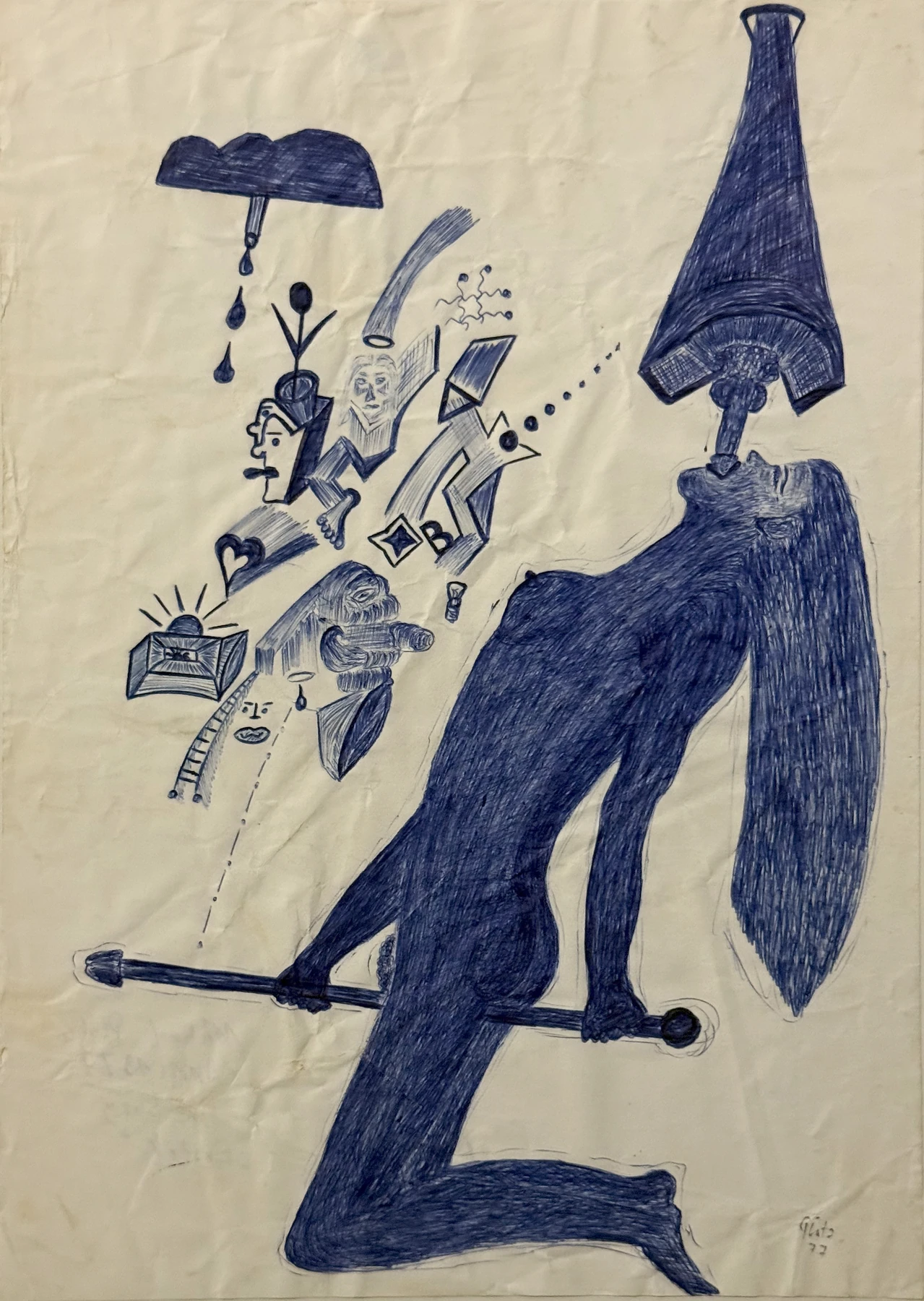 Blaue Zeichen und kleine Winkel umgeben eine kniende Figur. Einzelne Formen lassen an ein Buch oder einen Schirm denken.
