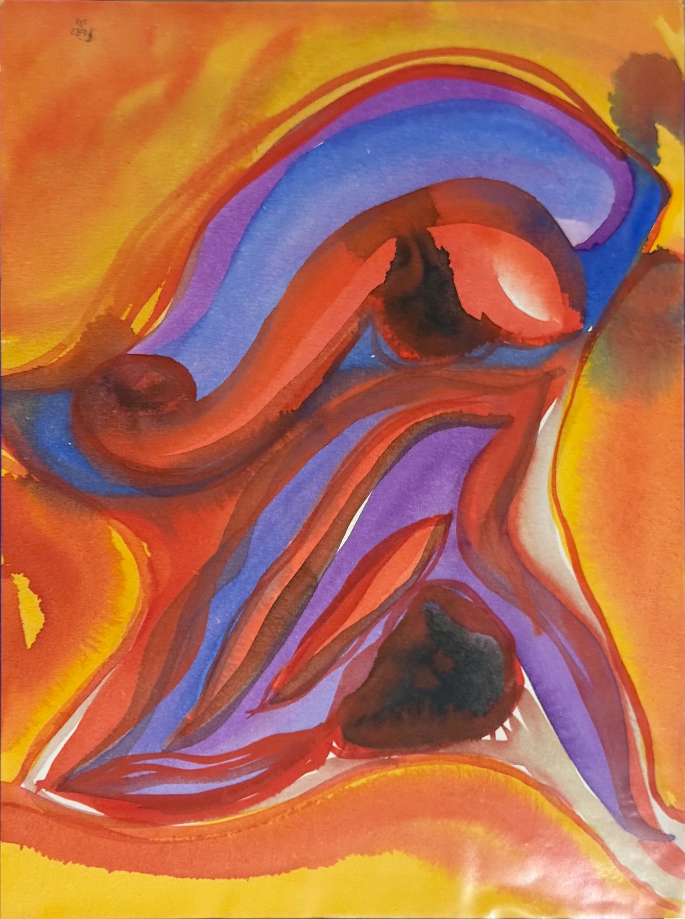 Eine blaue Kurve zieht durch Orange, Rot und Violett. Breite Bewegungen falten sich um dunkle Zentren.