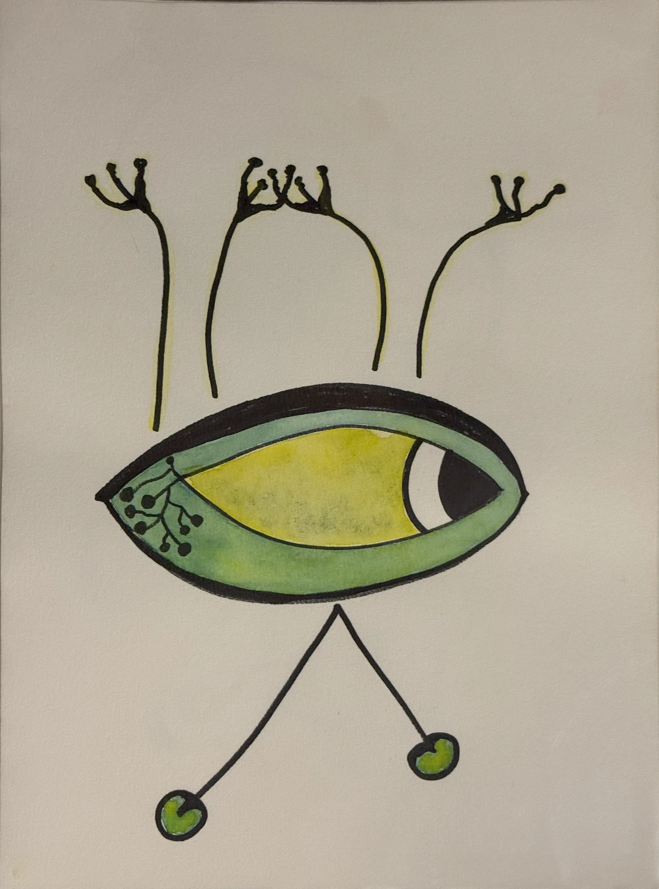 Eine grüne, augenähnliche Form scheint auf feinen Gliedern zu gehen. Kleine Kreise und aufrechte Striche geben der Zeichnung Bewegung.