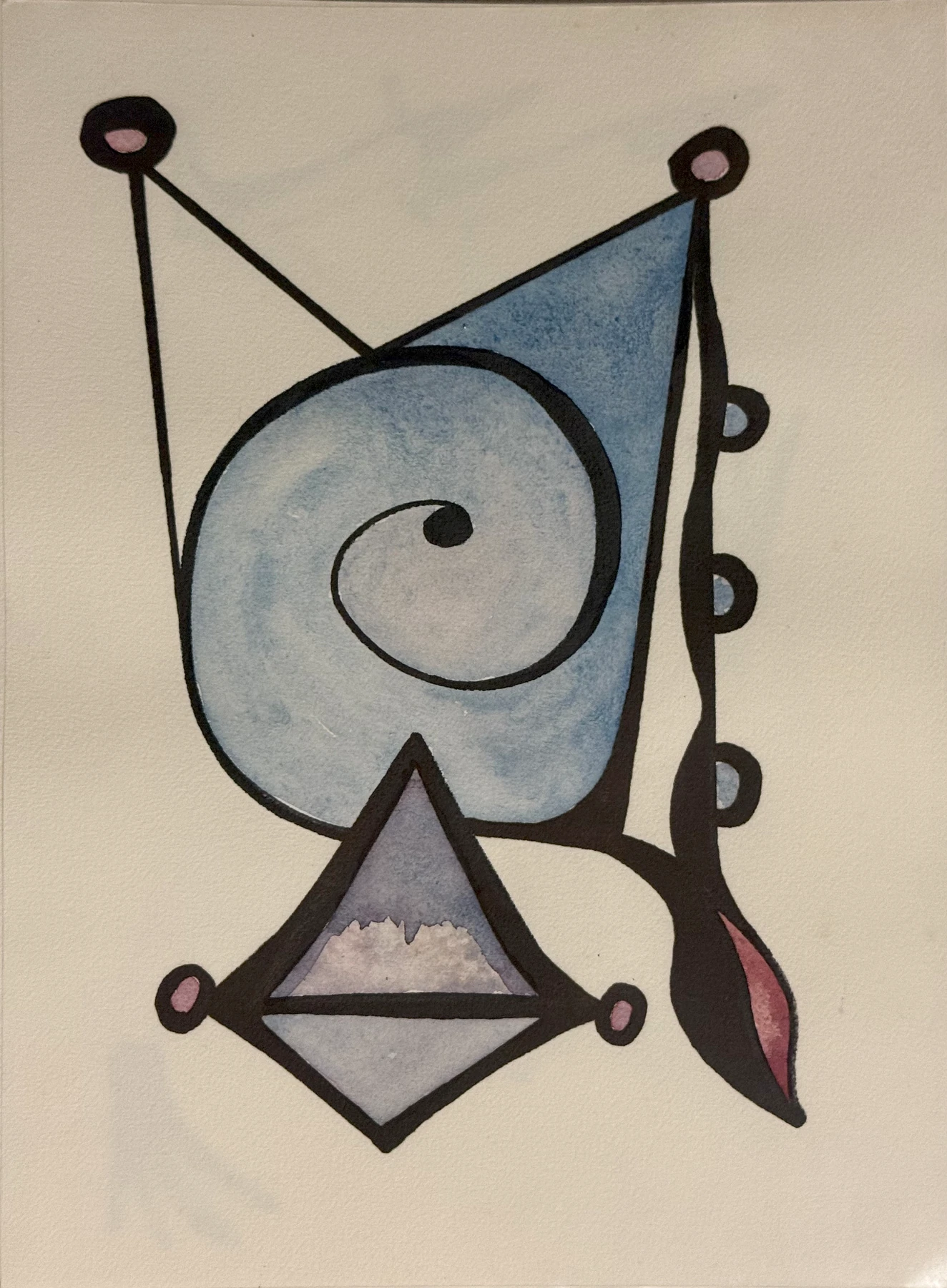 Eine Spirale steht in einem kantigen Rahmen. Eine blaugraue Kurve und eine violette Raute bilden unterschiedliche Zentren.