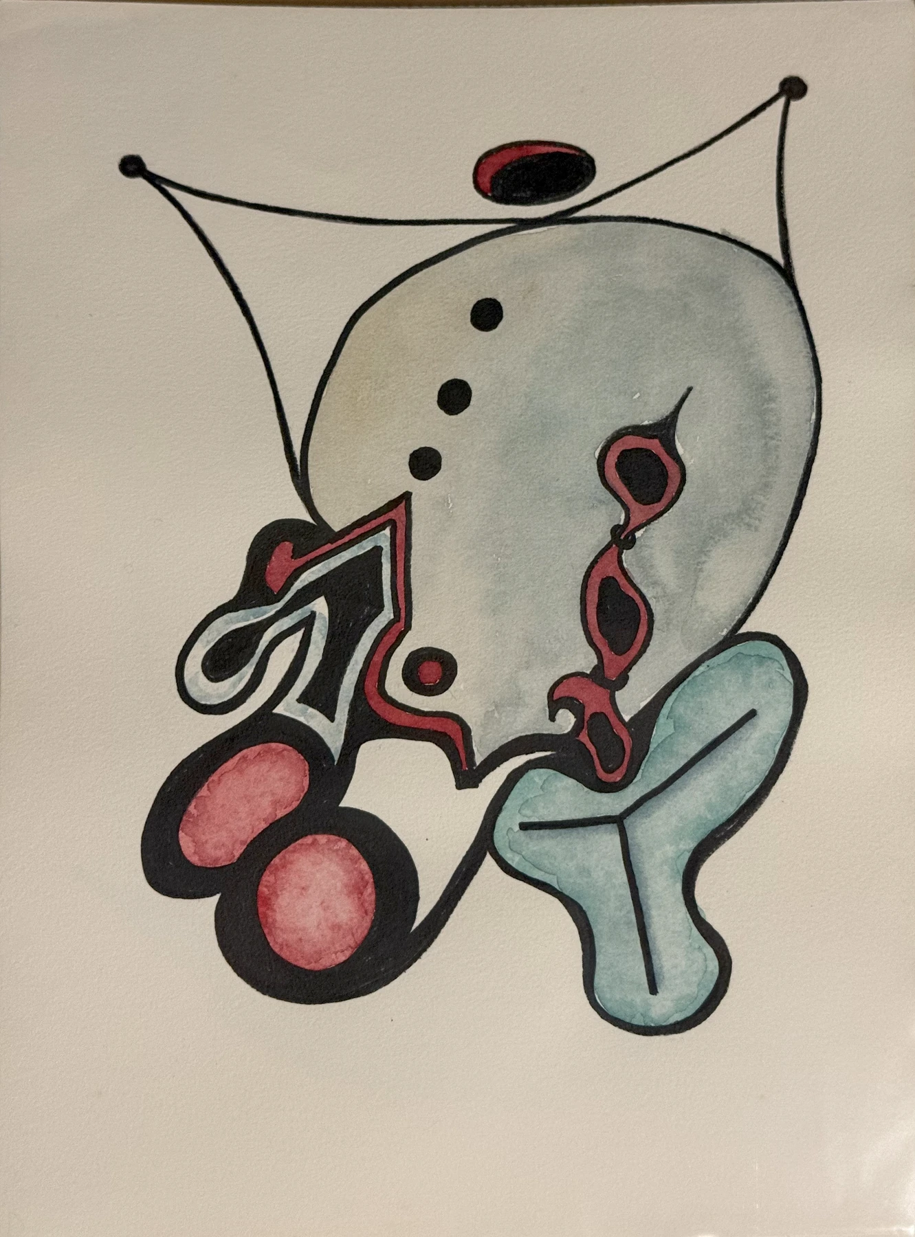 Kleine Kreise sammeln sich neben einer driftenden Kontur. Hellblaue und rote Flächen bleiben von feinen Linien umgeben.