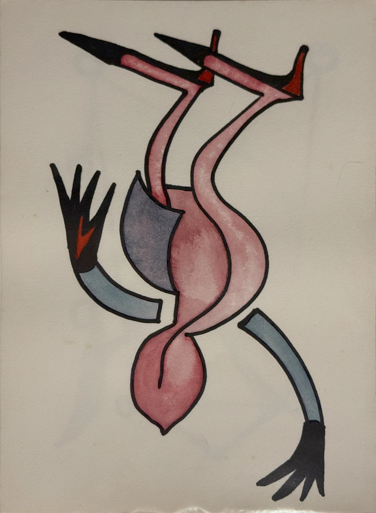 Lange Glieder versetzen eine kleine Figur in Bewegung. Eine rosa Mitte biegt sich zwischen blaugrauen und schwarzen Fortsätzen.