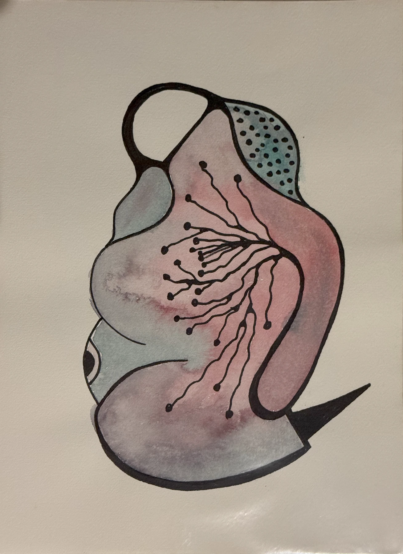 Eine feine Verzweigung wächst innerhalb einer rosa-grauen Form. Kleine Punkte stehen am oberen Rand.