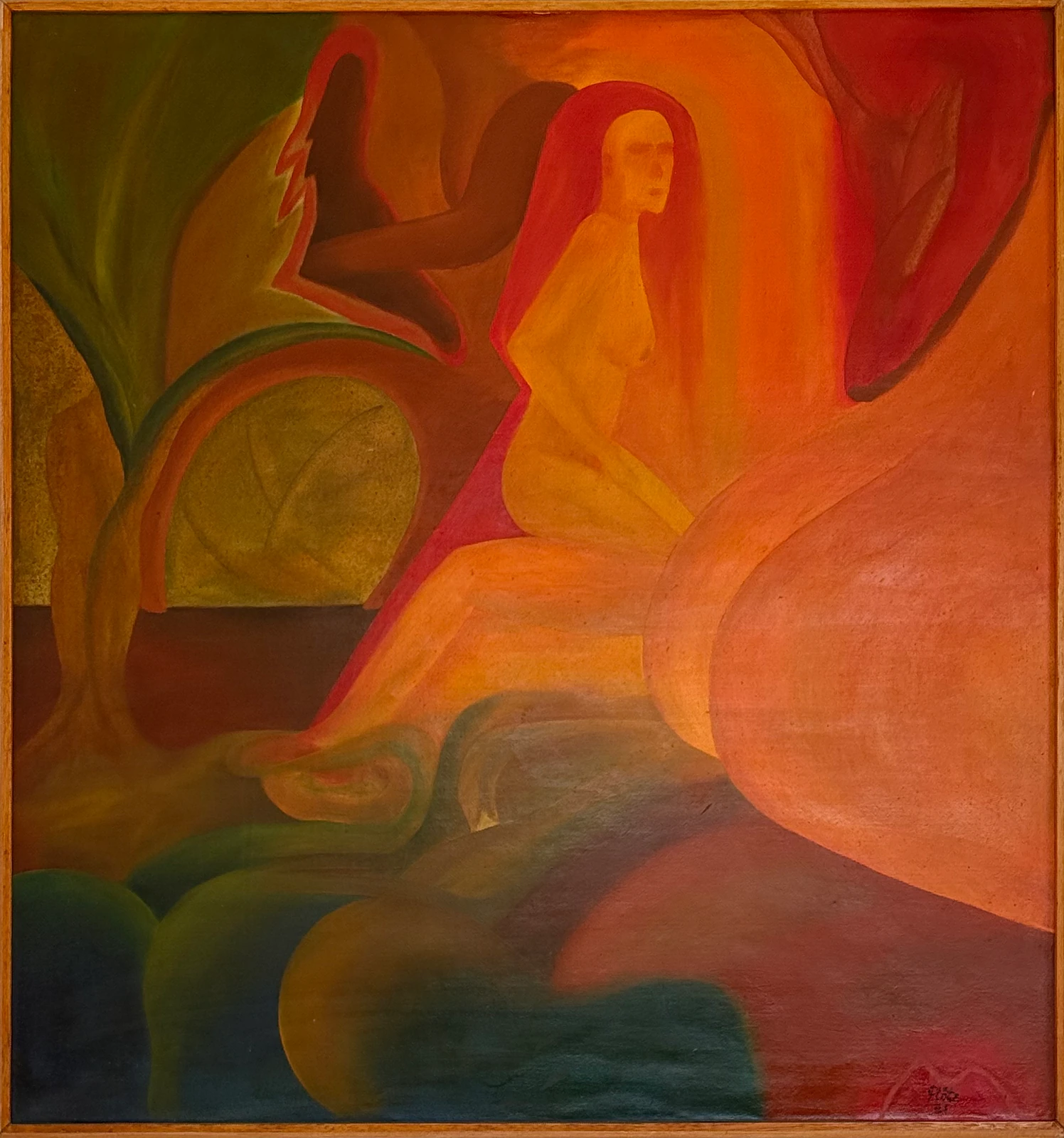 Orange Figurenformen werden in einen grünroten Raum eingebunden. Figuration bleibt Teil der räumlichen Komposition.