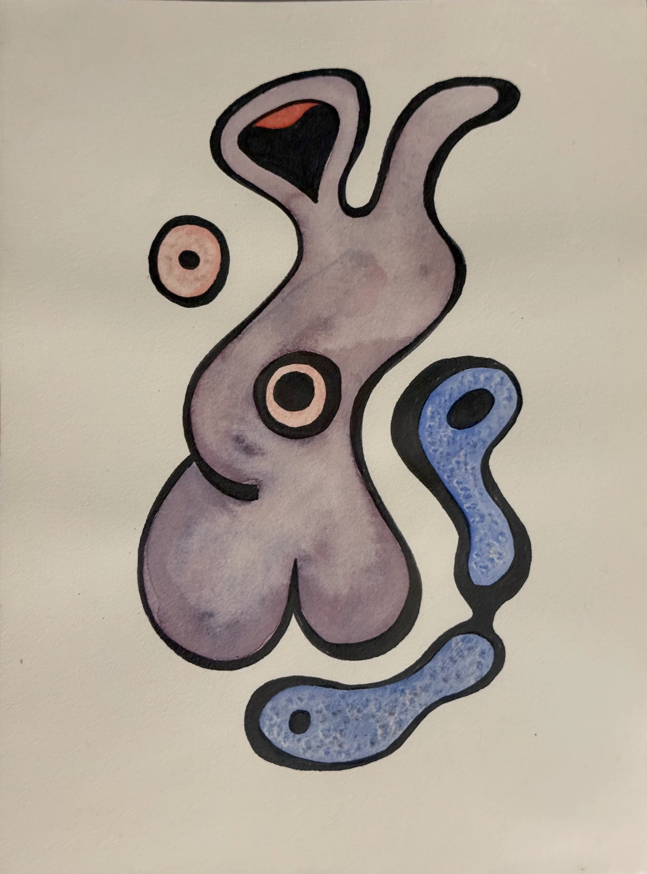 Eine violette und eine kleinere blaue Form stehen sich auf offenem Papier gegenüber. Dunkle Kreise betonen ihren Abstand.