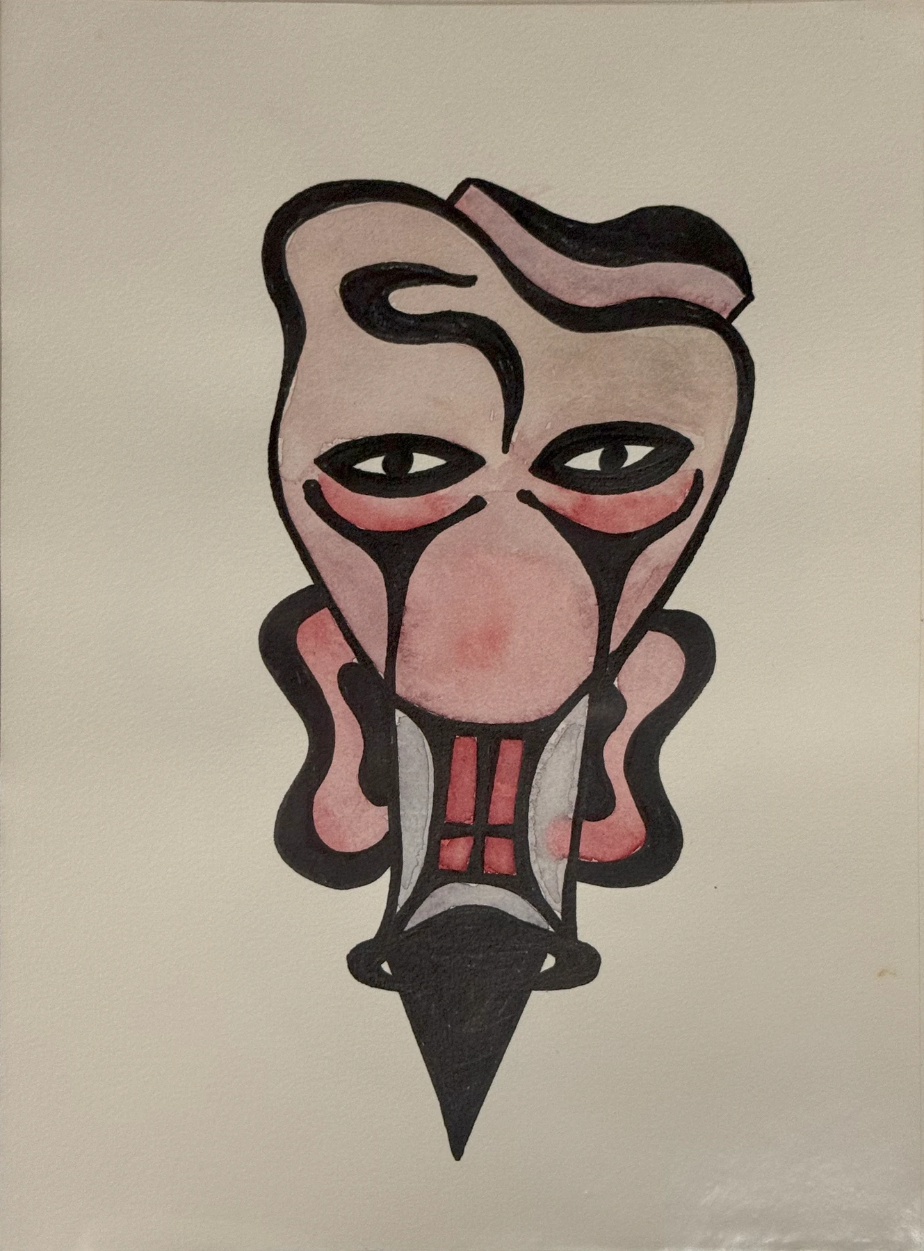 Ein Gesicht mit dunklen Augen steht zwischen doppelten Linien. Eine rote halsähnliche Form führt zur spitzen Basis.