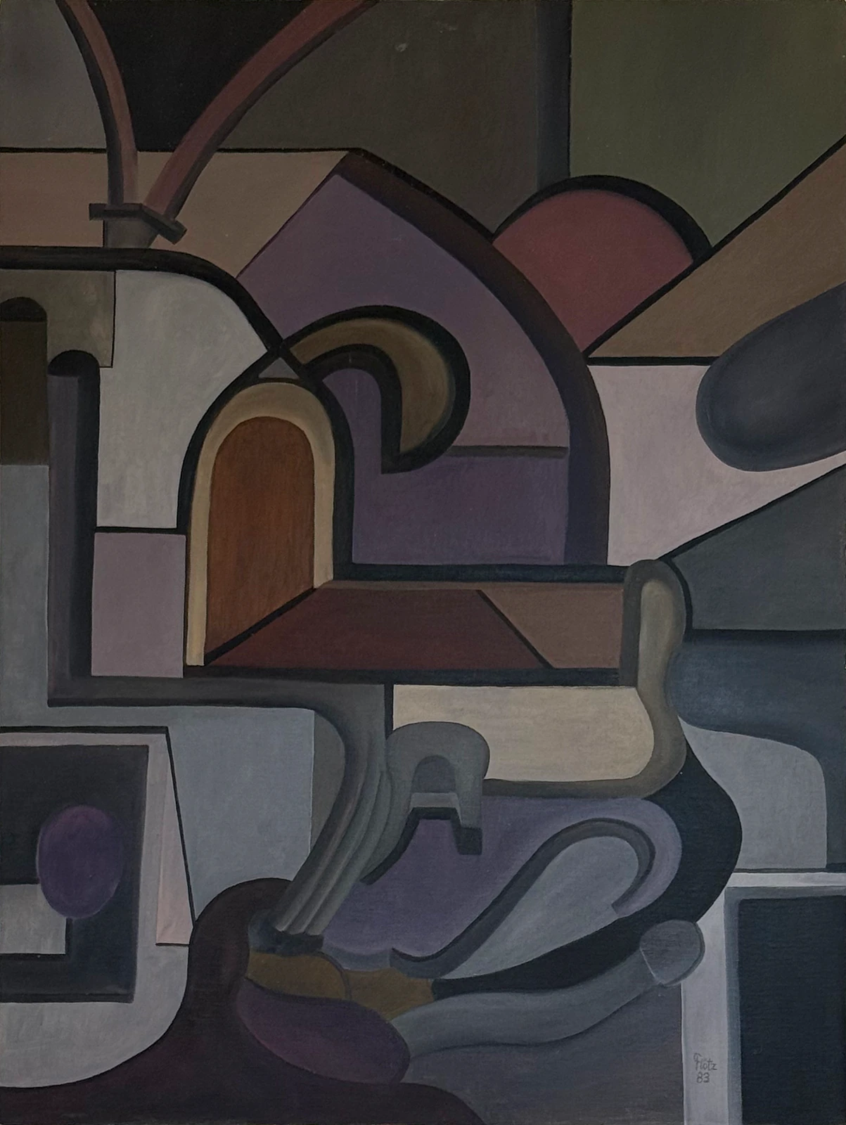 Grau-violette Ebenen bilden einen geometrischen Innenraum mit wechselnden Raumrichtungen.