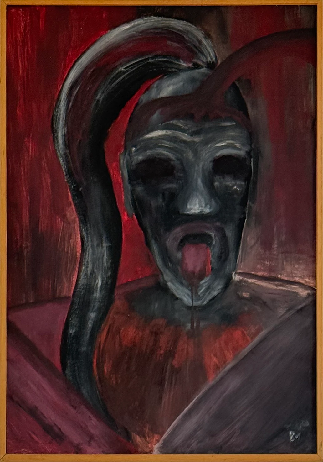Ein verzerrtes Gesicht vor Rot; offenerer Farbauftrag und starke Kontraste bilden die expressive Seite des Bestands.