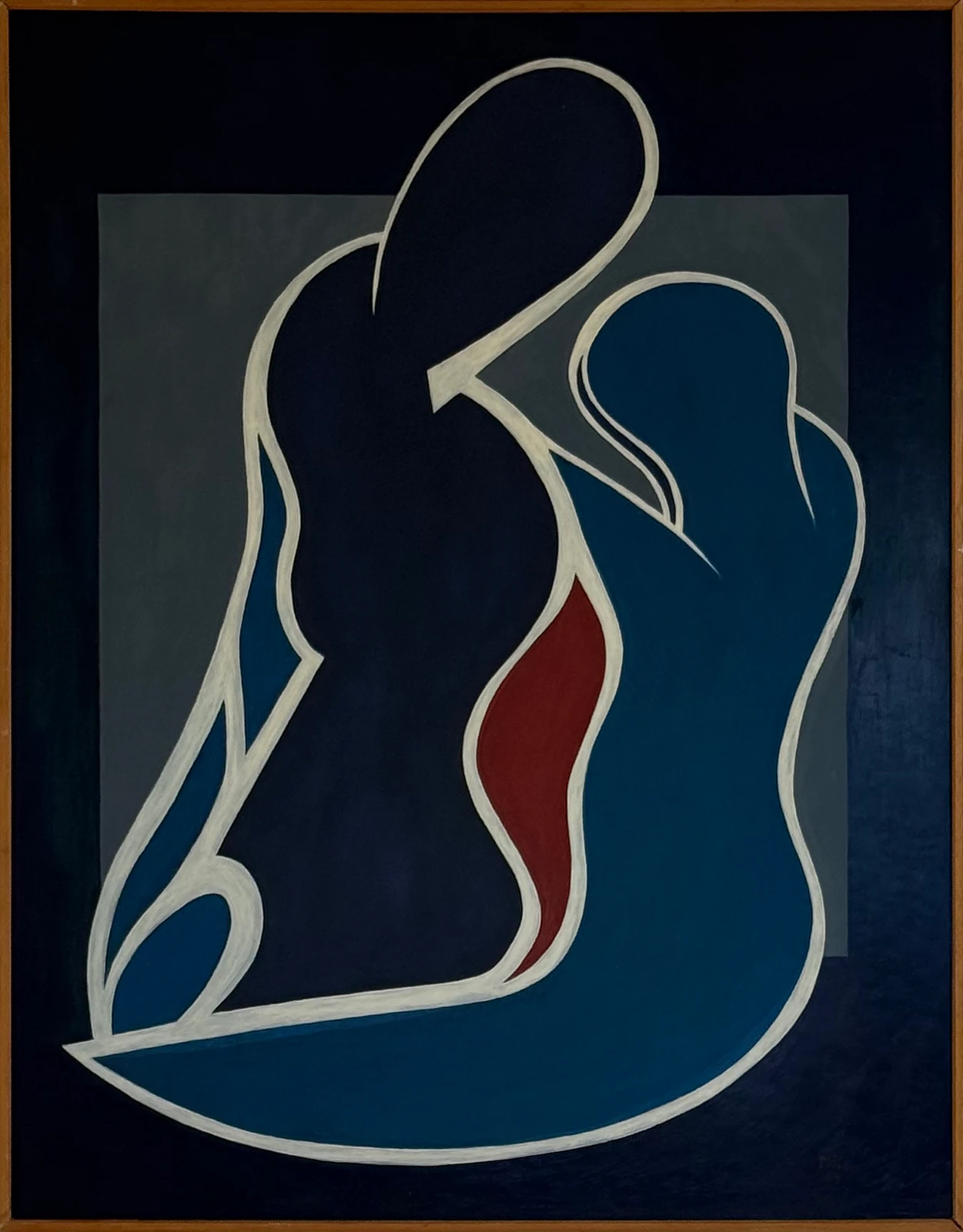 Die helle Kontur trennt und verbindet eine schwarze und eine blaue Form. Wenige Elemente tragen die Komposition.
