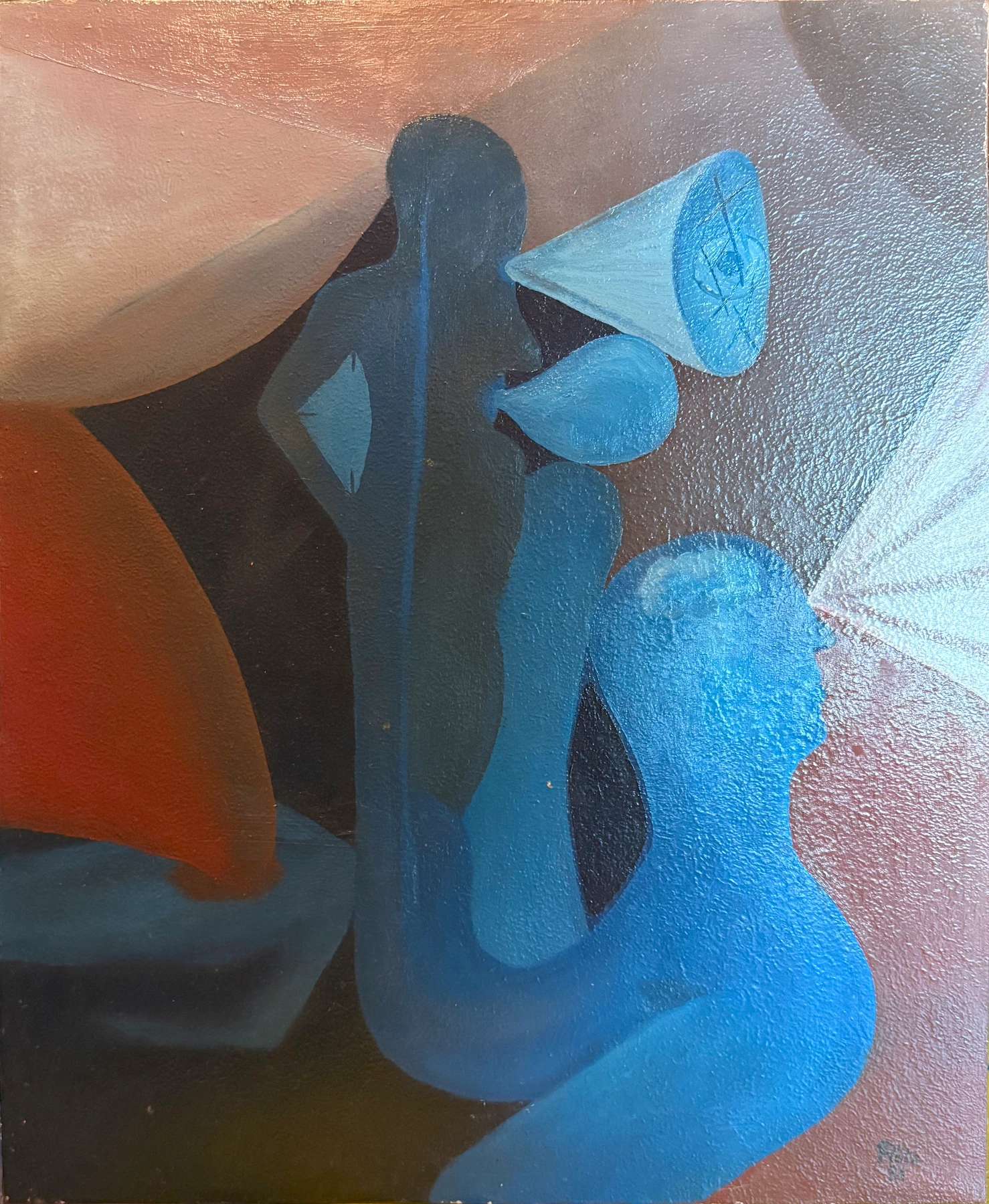 Blaue Rundungen treffen auf eine ockerfarbene Ebene und einen Fächer feiner Linien. Fläche und Volumen verschränken sich.