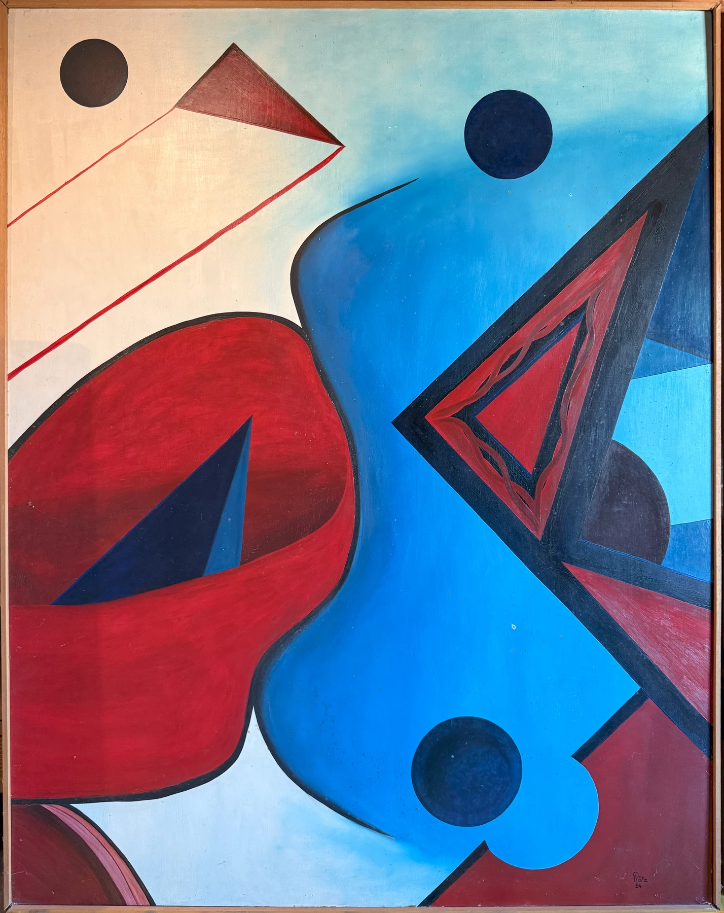 Rote und blaue Flächen teilen sich den Bildraum. Schwarze Kreise und spitze Dreiecke halten die Kurven in Spannung.